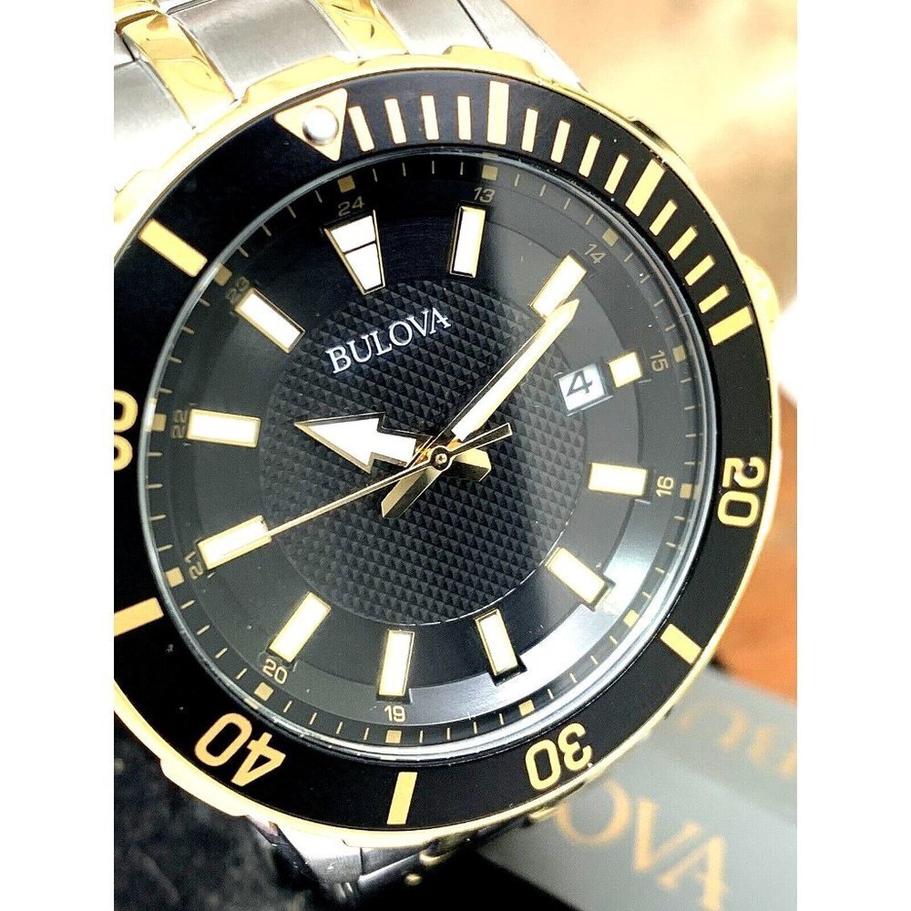 Bulova Men's Watch 98B394 Black Dial Quartz Two Tone Stainless Steel 44mm